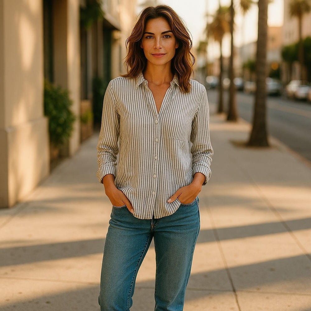 Knox Rose Striped Button-Up Shirt - Gray and White